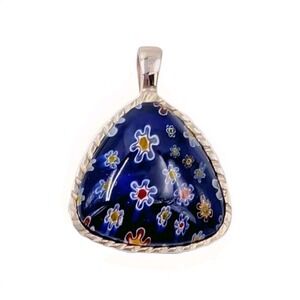 Vintage Millefiori Triangle Pendant Blue Floral Silver Tone‎ Art Glass Italian